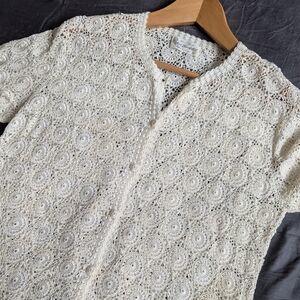 📼Stunning Vintage Hand-crocheted Long-sleeve Cream Blouse / Cardigan / Top - L